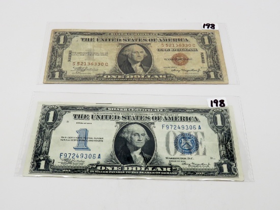 2-$1 Silver Certificates: 1934 "Funny Back" VF; 1935A "Hawaii", F soiled