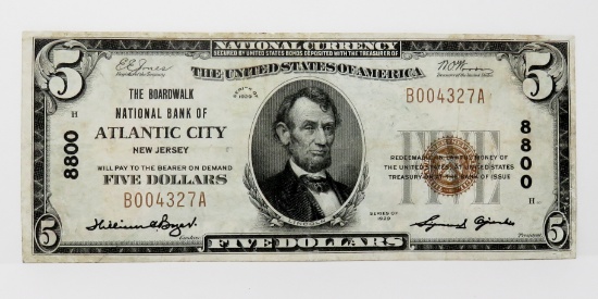 $5 National 1929 Boardwalk Natl Bank Atlantic City NJ, CH8800, SN B004327A, VF