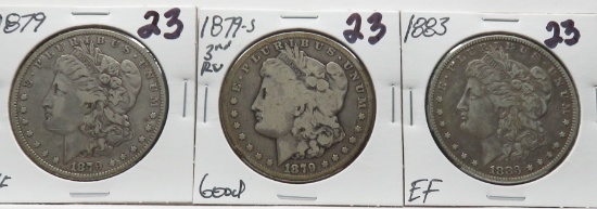 3 Morgan $: 1879 VF, 1879S 3rd Rev G, 1883 EF