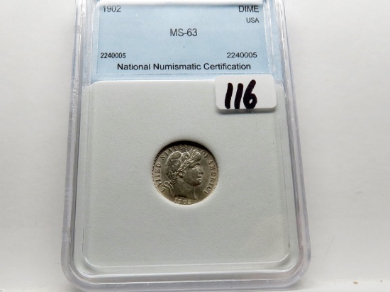 Dime Barber 1902-O (Box incorrectly says 1902) NNC Mint State (Well struck)