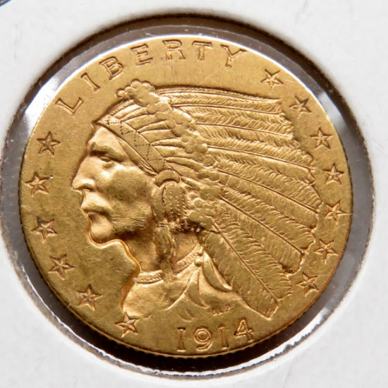 Gold 1914D $2.50 Indian EF 2 obv scratches, m. 448K