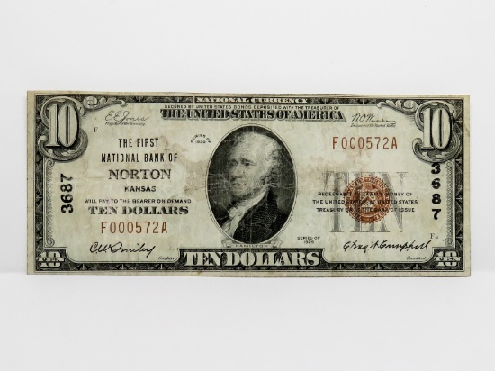 $10 National 1929 Ty 1, 1st Natl Bank Norton KS, SN F000572A, F
