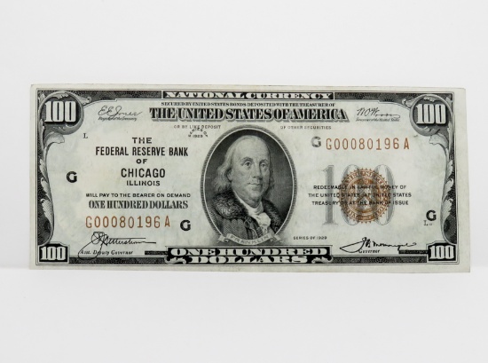 $100 FRBN Chicago 1929  Brown Seal, SC G00080196A, EF