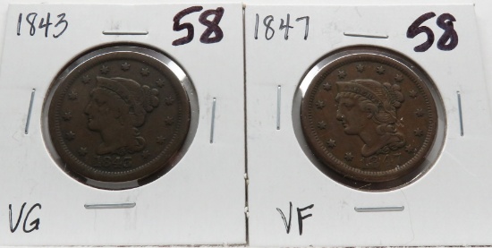 2 Braided Hair Large Cents: 1843 VG, 1847 VF