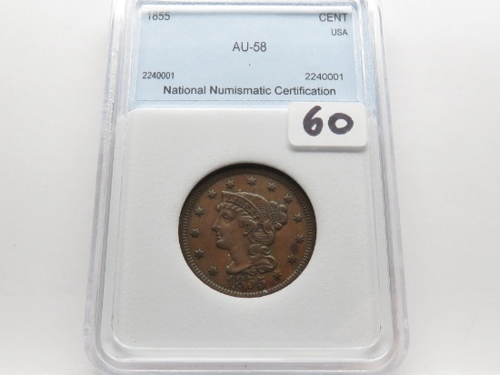 Large Cent 1855 NNC AU Upright 5s