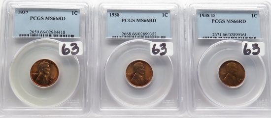3 PCGS MS66 RD Lincoln Wheat Cents: 1937, 1938, 1938D