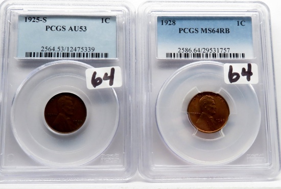 2 Lincoln Wheat Cents: 1925S PCGS AU53, 1928 PCGS MS64 RB