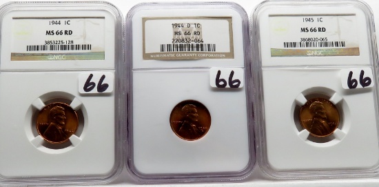3 NGC MS66 RD Lincoln Wheat Cents: 1944, 1944D, 1945