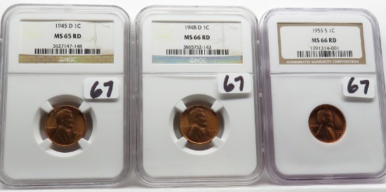 3 NGC RD Lincoln Wheat Cents: 1945D MS65, 1948D MS66, 1955S MS66