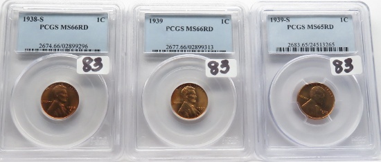 3 PCGS RD Lincoln Wheat Cents: 1938S MS66, 1939 MS66, 1939S MS65