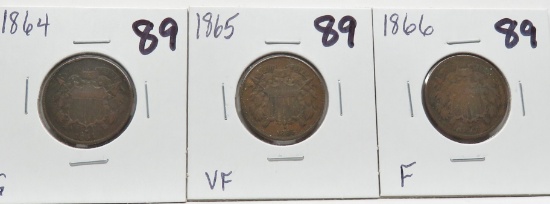 3 Two Cent Pieces: 1864 G, 1865 VF, 1866 F