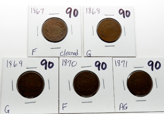 5 Two Cent Pieces: 1867 F cle, 1868 G, 1869 G, 1870 F, 1871 AG