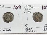 2 Type Half Dimes: Bust 1832 G dark areas, Seated 1872S above bow G dark areas rev scratches
