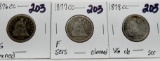 3 Seated Liberty Quarters: 1876CC VG cle, 1877CC F scr cle, 1878CC VG cle