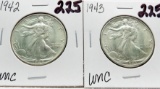 2 Walking Liberty Half $: 1942 Unc, 1943 Unc