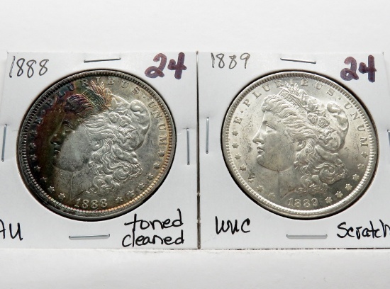 2 Morgan $: 1888 AU obv toned cle, 1889 Unc scr