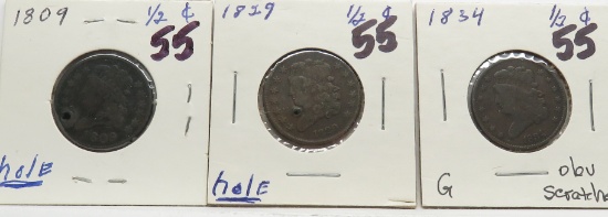 3 Half Cents: 1809 holed, 1829 holed, 1834 G obv scrs