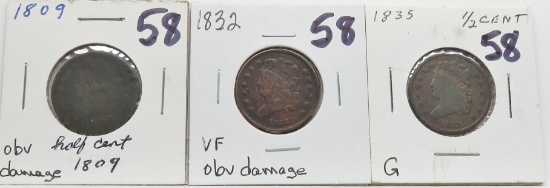 3 Half Cents: 1809 obv damage, 1832 VF obv damage, 1835 G