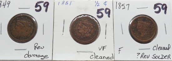 3 Half Cents: 1849 F rev damage, 1851 VF cle, 1857 F cle ?rev solder