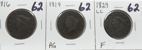 3 Matron Head Large Cents: 1916 G, 1819 AG, 1829 LL Fine