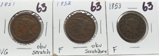 3 Braided Hair Large Cents: 1851 VG scr, 1852 F obv scrs, 1853 F