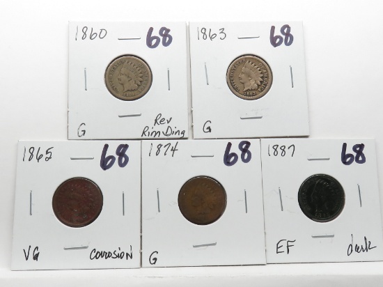 5 Indian Cents: 1860 G rev rim ding, 63 G, 65 VG corr, 74 G, 87 EF dark