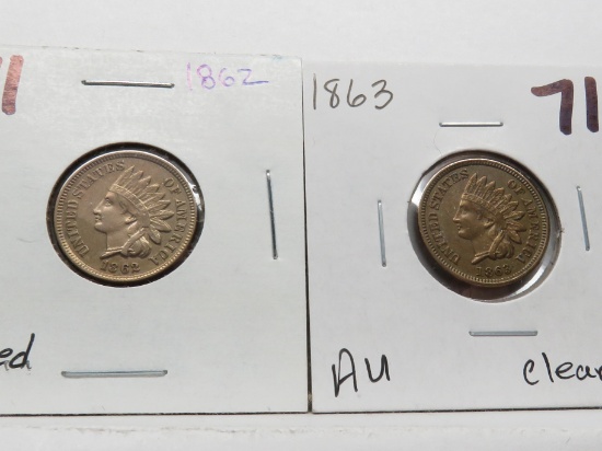 2 Indian Cents cleaned: 1862 EF, 1863 AU