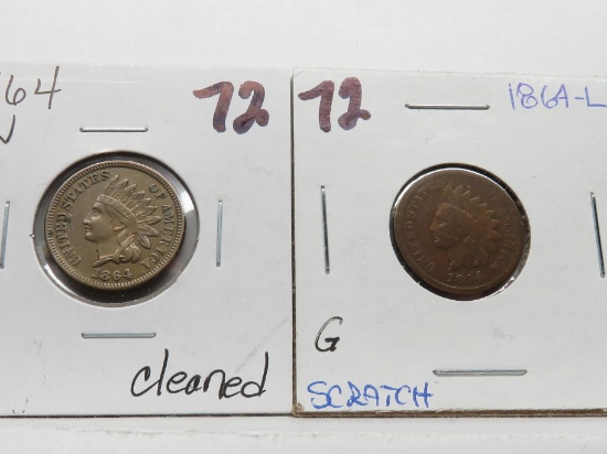 2 Indian Cents: 1864 CN EF cleaned, 1864 L Good light scratch