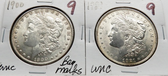 2 Morgan $: 1900 Unc bag marks, 1921 Unc