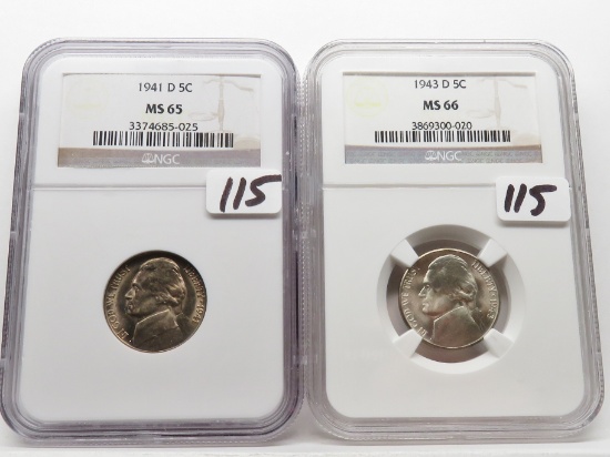 2 Jefferson Nickels NGC 1941-D MS65 & 1943-D MS66