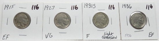 4 Buffalo Nickels 1915 EF; 27 VG; 31-S F (Light corrosion); 36 EF