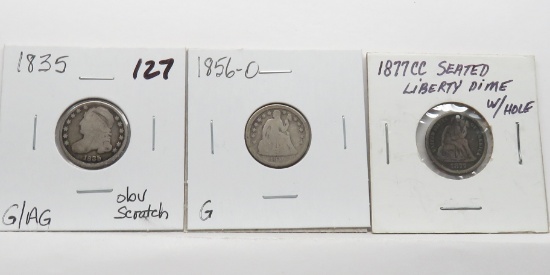 3 Type Dimes, 1835 Bust G/AG obv scratch; 1856-O Good type 2 & 1877-CC type 4 holed, Seated