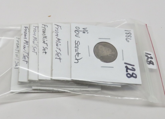 Dime Mix: Seated 1886 VG obv scr, 8 Roosevelt from mint sets (02PD, 04PD, 05PD, 07PD)