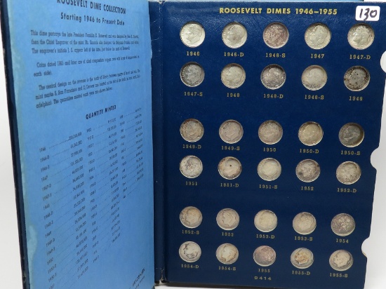 Roosevelt Dime Whitman Album 1946 to 1964 (Average Circulated) 50 Coins (Dates & mint marks not chec