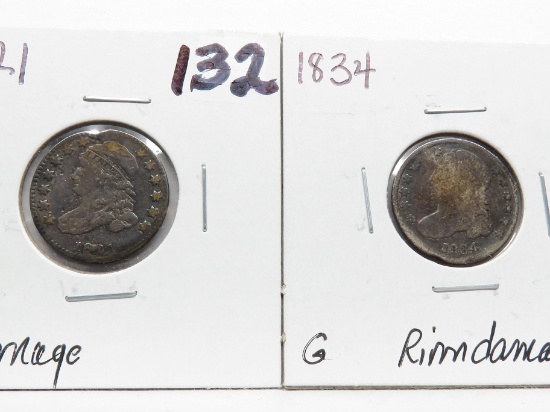 2 Capped Bust Dimes: 1821 damage, 1834 G rim damage
