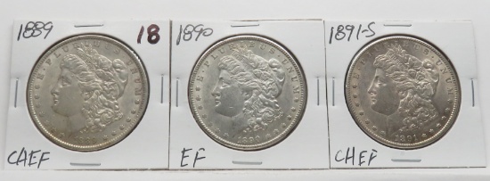 3 Morgan $, 1889 CH EF; 1890 EF; 1891-S CH EF