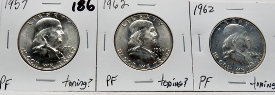 3 Franklin Half $ Proof ?Toning 1957 & 2ea. 1962
