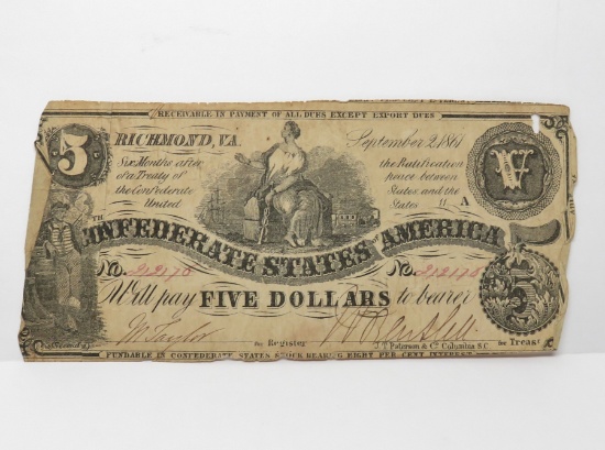 $5 Confederate Note 1861, T36, SN 212170, VG