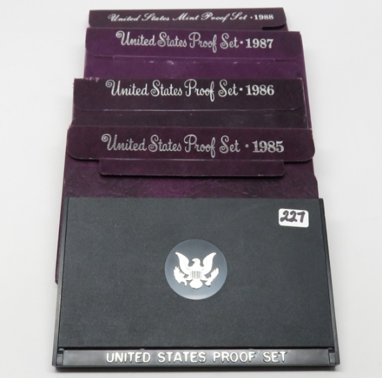 5 US Proof Sets: 1979 no outer box, 85, 86, 87, 88