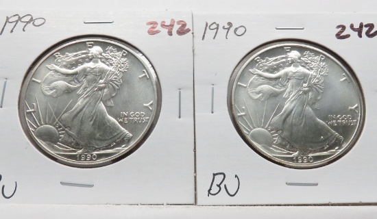 2 American Silver Eagles 1990 BU