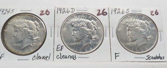 3 Peace $, 1924-S EF (Cleaned); 1926-D EF (Cleaned); 1926-S Fine (Scratches)