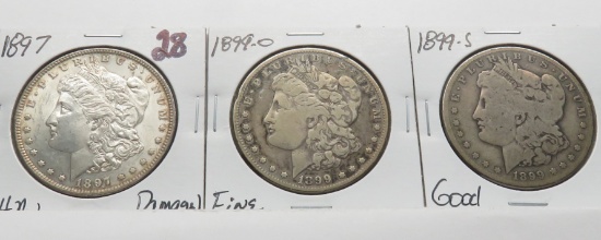 3 Morgan $: 1897 CH AU damage, 1899-O F, 1899S G