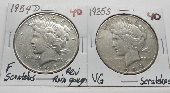 2 Peace $ 1934-D Fine (Reverse rim gouges, scratches) & 1935-S VG (Scratches)