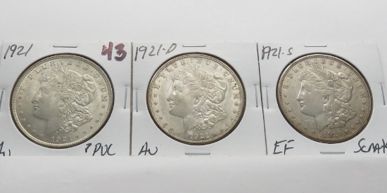 3 Morgan $: 1921 AU ?PVC, 1921D AU, 1921S EF scr