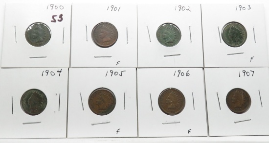 8 Indian Cents 1900; 01; 02-03-04 corroded; 05; 06; 07 VG to Fine