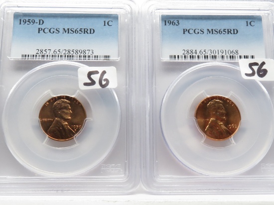 2 Lincoln Cents PCGS MS65 Red 1959-D & 1963
