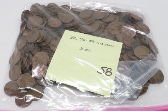 500 Lincoln Wheat Cents 30s; 40s; 50s + 10 Steel