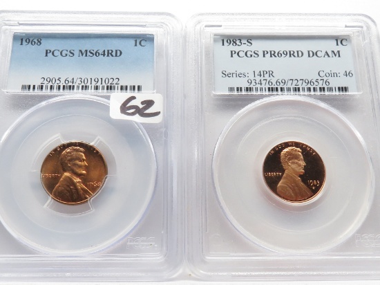 2 Lincoln Cents PCGS Red 1968 MS64 & 1983-S PR69 DCAM