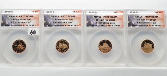 4 Lincoln Cent Set 2009-S ANACS PR70 DCAM 1st strike #176 of 987 PERFECT