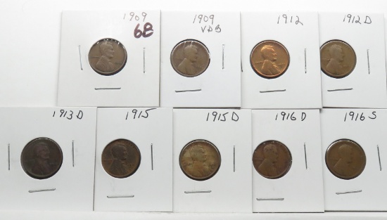 9 Lincoln Cents 1909; 09VDB; 12; 12-D; 13-D pitted; 15;15-D; 16-D pitted; 16-S